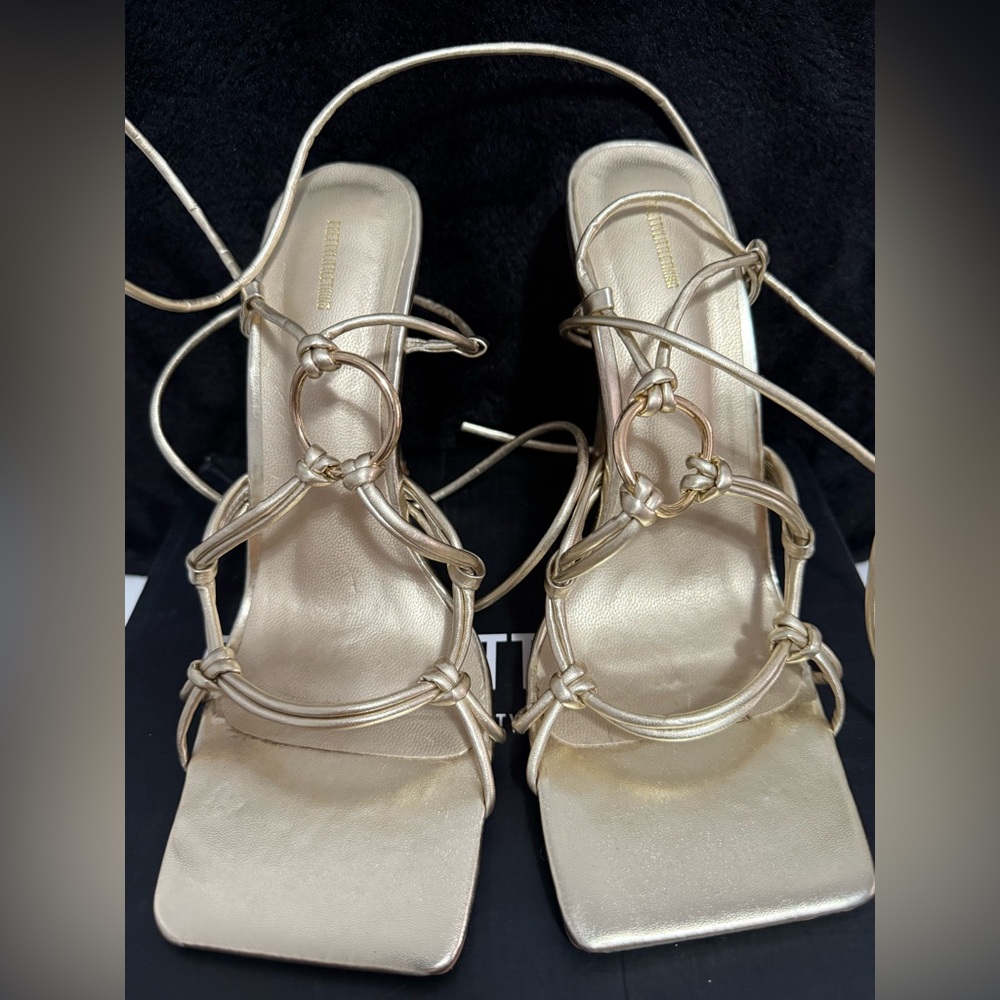 Pretty Little Thing | Gold Metallic Twist Strap Lace Up Shoes